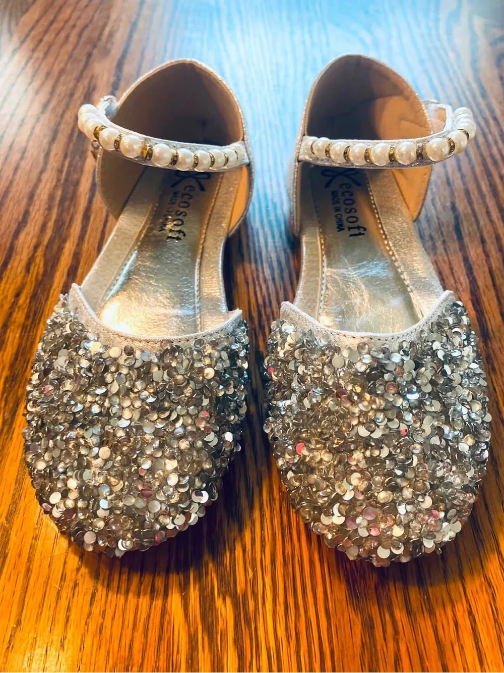 Girl’s Silver Shoes Low Heel Rhinestone Sequins Glitter Dress Sandals Size 12